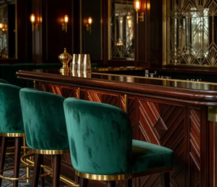 Detal baru w stylu Art Deco w restauracji CUREX Kereskedelmi és Szolgáltató Korlátolt Felelősségű Társaság 'kényszertörlés alatt' z mosiężnymi akcentami i ciemnym drewnem.
