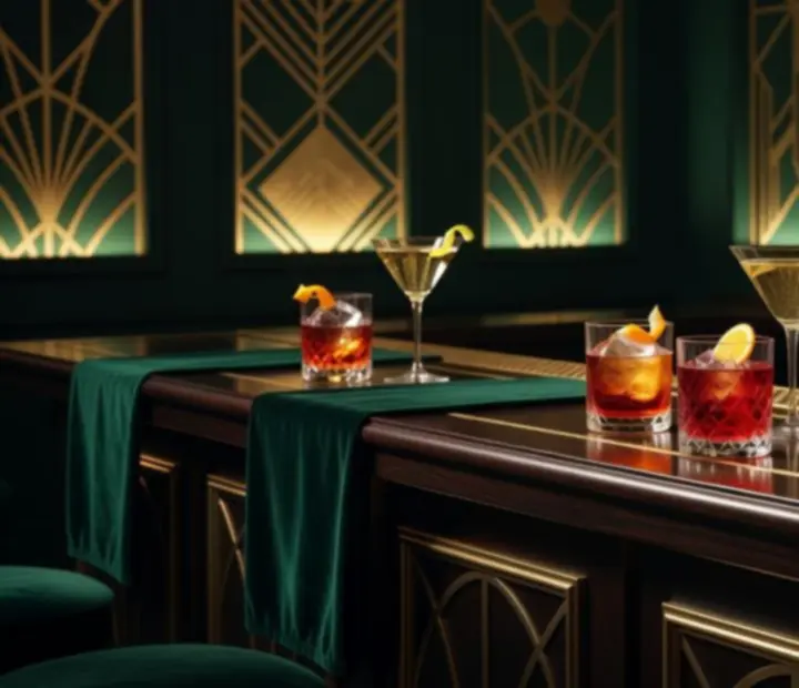 Autorskie koktajle i kieliszki wina na eleganckim barze w wieczornej atmosferze restauracji
