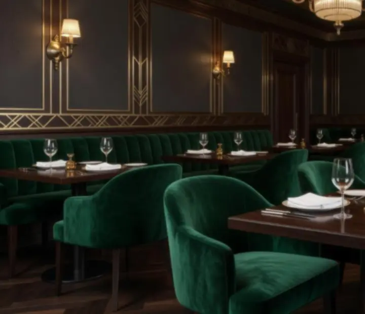 Wnętrze restauracji w stylu art déco z ciemnym drewnem i aksamitnymi krzesłami