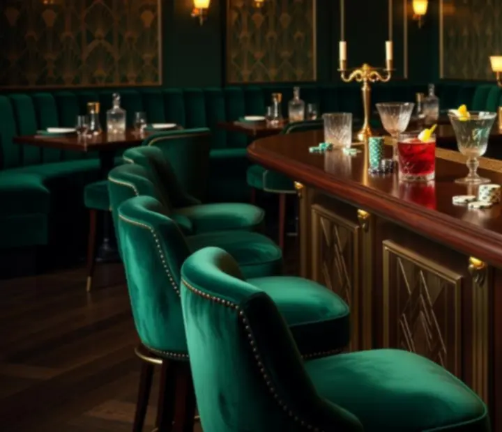 Elegancki bar koktajlowy w restauracji CUREX Kereskedelmi és Szolgáltató Korlátolt Felelősségű Társaság 'kényszertörlés alatt', z aksamitnymi fotelami i pokerowymi akcentami w wieczornej atmosferze.