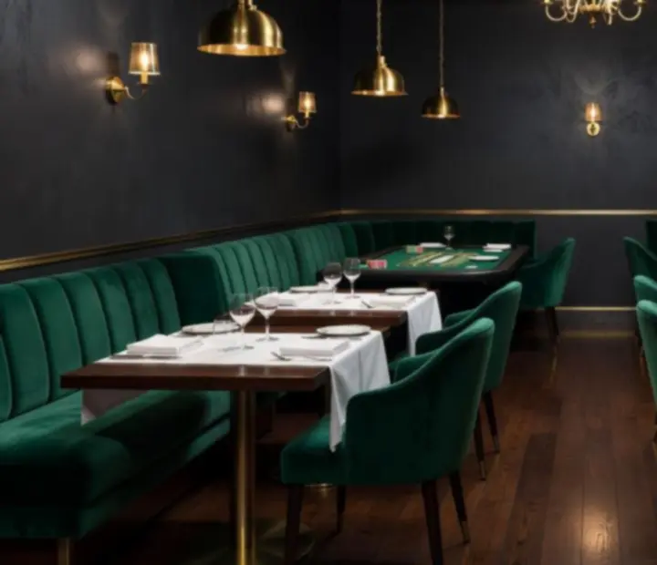 Wieczorna atmosfera restauracji CUREX Kereskedelmi és Szolgáltató Korlátolt Felelősségű Társaság 'kényszertörlés alatt' z eleganckimi stolikami i salonem kart