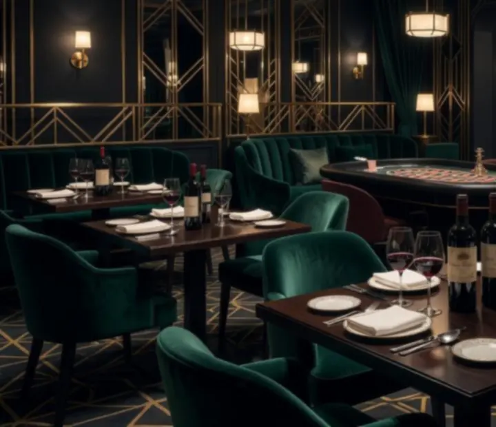 Ciemnoszmaragdowe wnętrze restauracji z kieliszkami wina na drewnianym stole