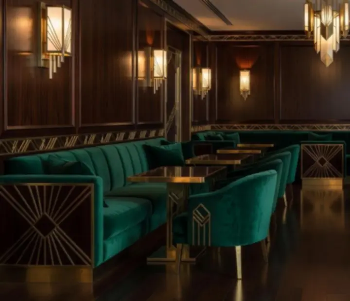 Ciemno-szmaragdowe wnętrze restauracji z aksamitnymi tkaninami i detalami Art Deco