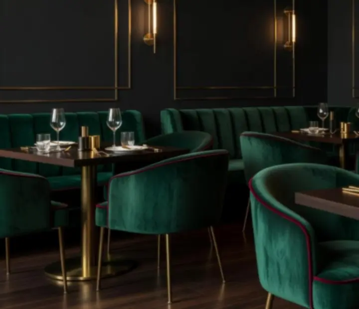 Ciemne, szmaragdowe wnętrze restauracji CUREX Kereskedelmi és Szolgáltató Korlátolt Felelősségű Társaság 'kényszertörlés alatt' z eleganckimi stolikami w wieczornym oświetleniu