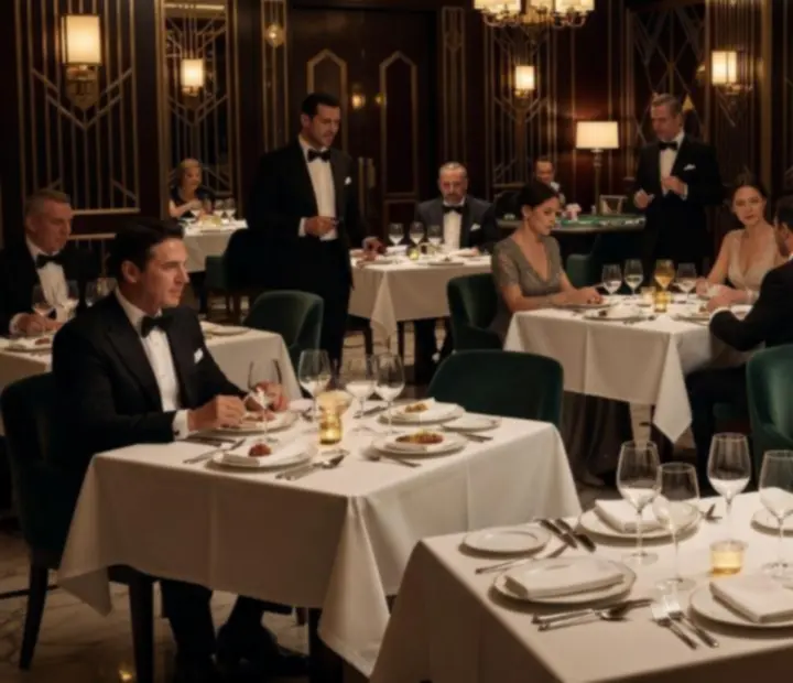 Kolacja przy eleganckich stołach pokerowych w restauracji CUREX Kereskedelmi és Szolgáltató Korlátolt Felelősségű Társaság 'kényszertörlés alatt' z kartami do gry i żetonami