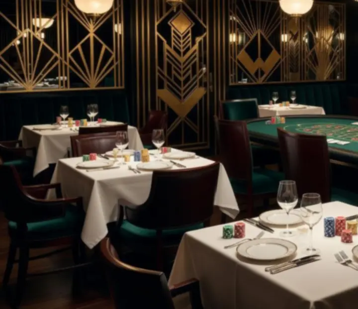 Elegancki stół pokerowy i stół ruletkowy w nastrojowej restauracji wieczorem