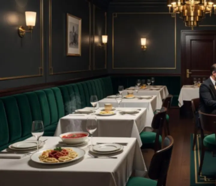 Elegancki art deco salon pokerowy w restauracji z ciemno szmaragdowymi ścianami i stołami pokerowymi.