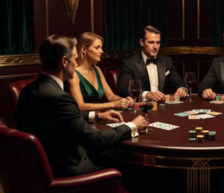Kieliszki wina na eleganckim stole pokerowym z kartami i żetonami