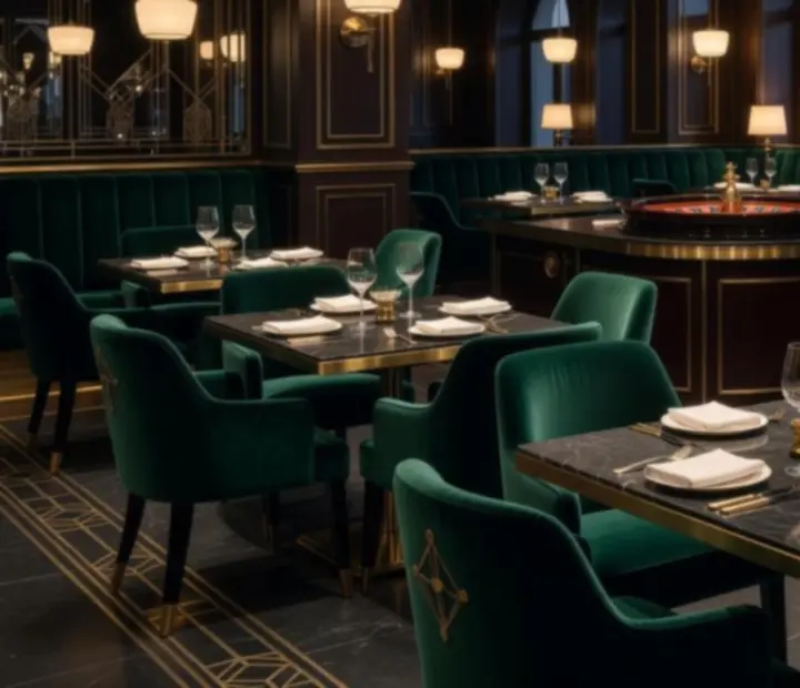 Ekskluzywny wieczór tematyczny w restauracji z eleganckimi stołami, kartami do gry i żetonami w klimacie Art Deco