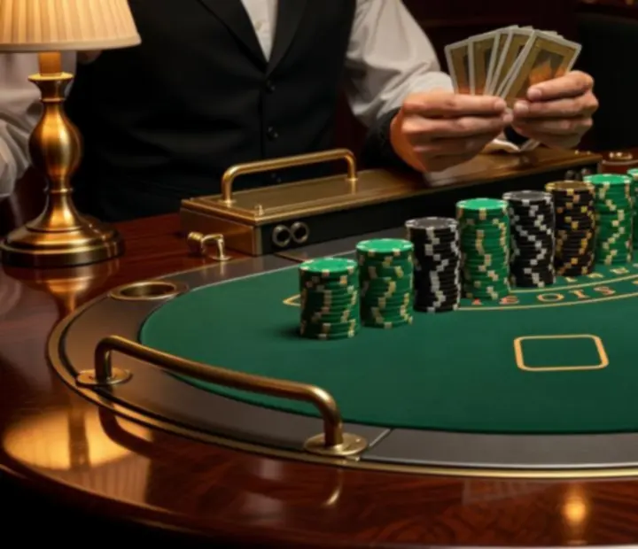 Rozgrywka w blackjacka przy eleganckim stole z kartami i żetonami w stylowej restauracji