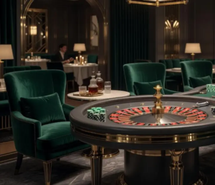 Art deco stół ruletkowy i blackjackowy w eleganckiej restauracji.