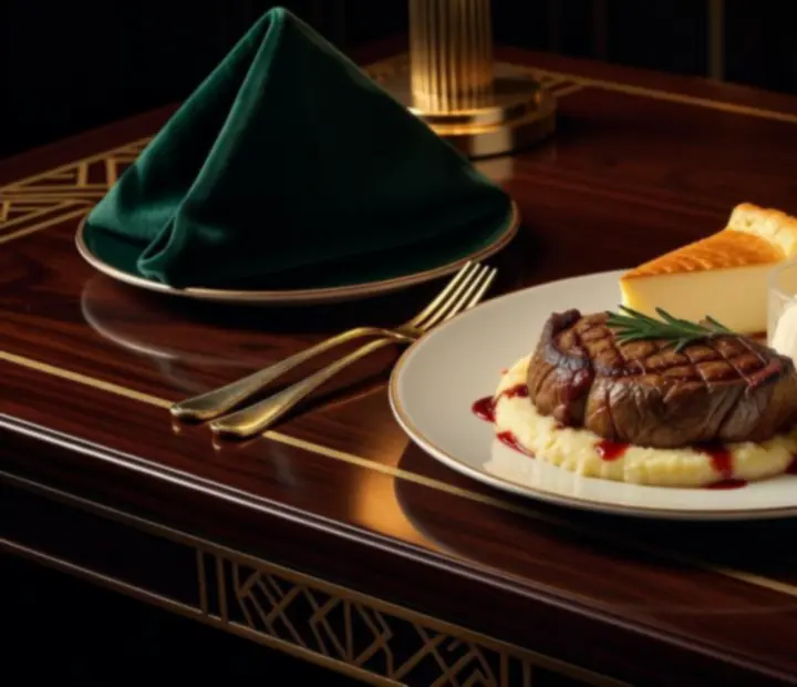 Elegancki stół w restauracji z wykwintnym stekiem, deserem i detalami w stylu art déco