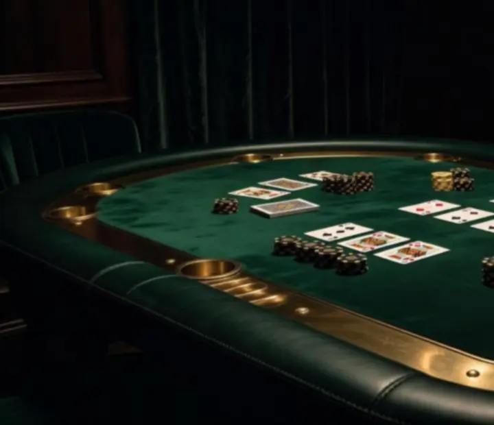 Elegancki stół pokerowy z kartami do gry i żetonami w art deco restauracji.