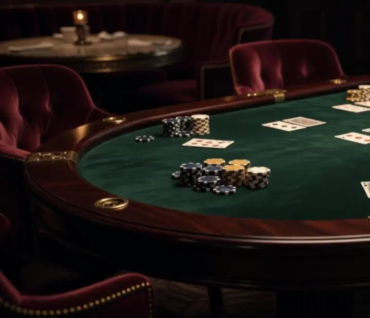 Elegancki stół pokerowy w salonie kart obok stolików restauracyjnych