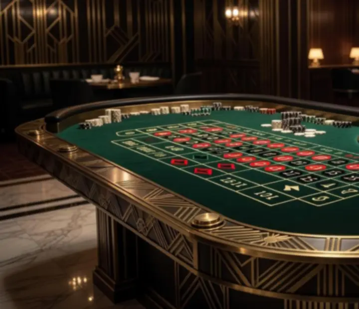 Stylowy stół do ruletki z zielonym suknem, żetonami i art déco detalami w eleganckiej restauracji
