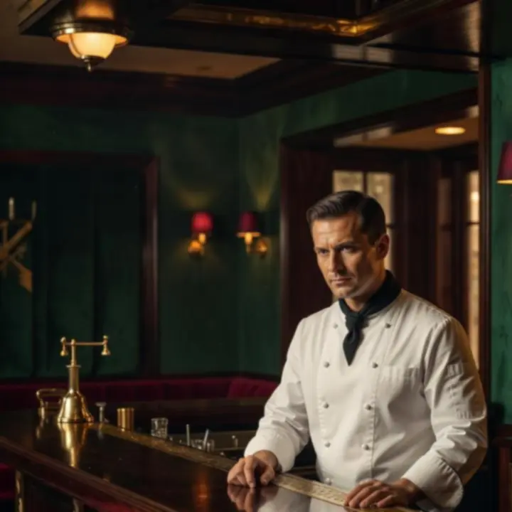 Portret szefa kuchni restauracji CUREX Kereskedelmi és Szolgáltató Korlátolt Felelősségű Társaság 'kényszertörlés alatt' w eleganckim wnętrzu Art Deco