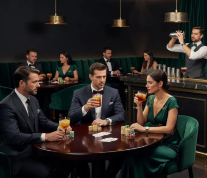 Wieczór tematyczny przy barze koktajlowym w restauracji CUREX Kereskedelmi és Szolgáltató Korlátolt Felelősségű Társaság 'kényszertörlés alatt' z pokerowymi stołami i elegancką atmosferą.