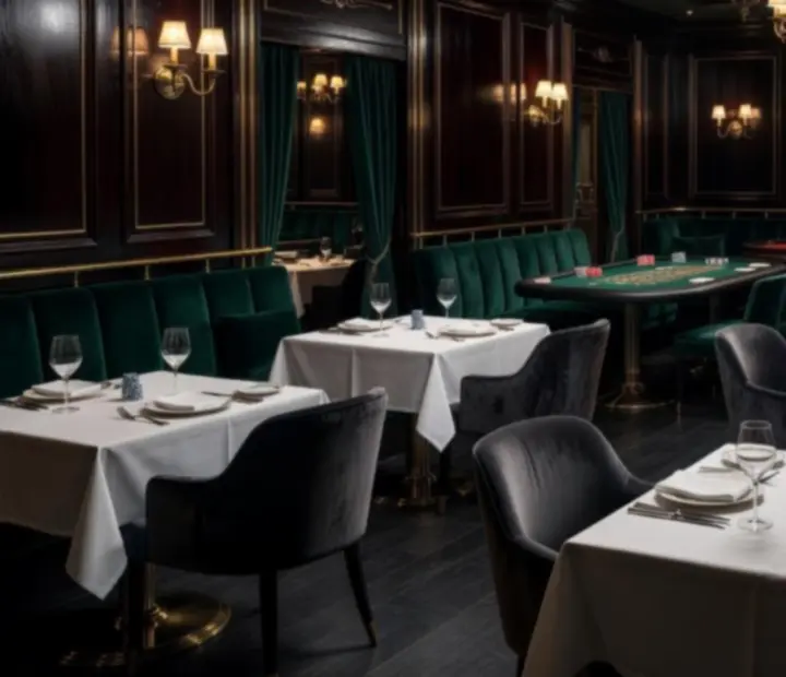 Eleganckie wnętrze restauracji z ciemnym drewnem, aksamitnymi fotelami i dyskretną strefą pokerową w stylu Art Deco