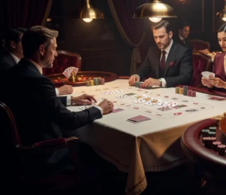 Eleganckie stoły pokerowe, żetony i karty do gry podczas wieczoru tematycznego
