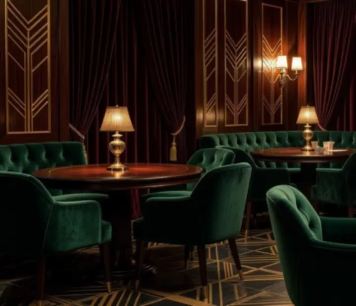Wieczorne wnętrze restauracji w stylu Art Deco z aksamitnymi zasłonami, mosiężnymi lampami i kameralnymi stolikami