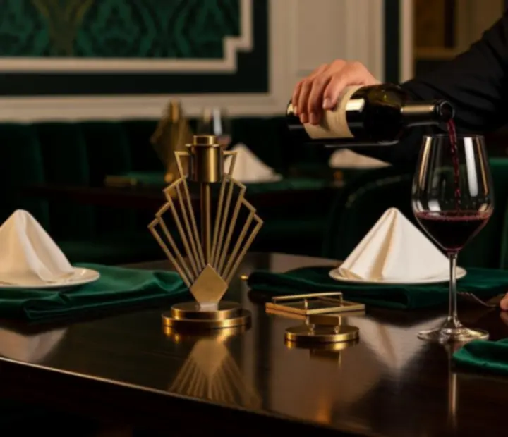 Elegancka obsługa serwująca wino w kieliszkach w art deco restauracji