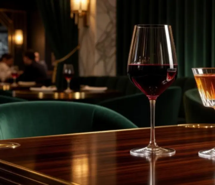 Wieczorna degustacja win i koktajli w restauracji z ciemnym drewnem i mosiężnymi akcentami